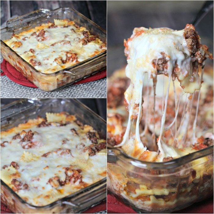 This easy lasagna recipe tastes like traditional lasagna without all the work. This is the best simple lasagna casserole recipe with mozzarella cheese, ground beef and with ravioli. This lasagna bake recipe is quick and easy with no boil needed for the noodles. You’ll never make a traditional lasagna after making this lazy day recipe. #eatingonadime #lasagnarecipe #lazydayrecipes