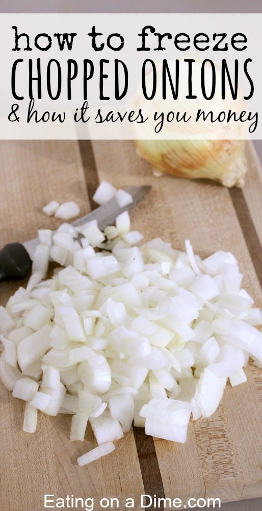 Chopped onions on a cutting board with a knife next to the onions.  Also with the words 