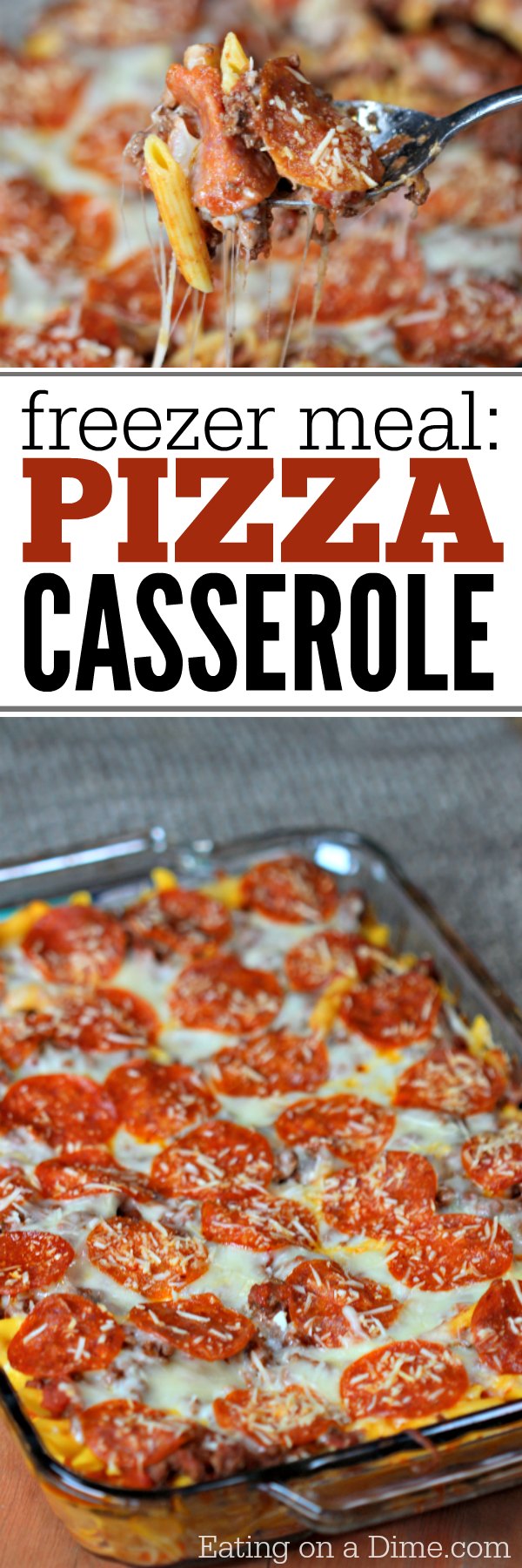 This easy pizza casserole recipe is a family pleaser! An Easy casserole recipe. Plus this pizza pasta casserole is an easy freezer meal. Try it today! 