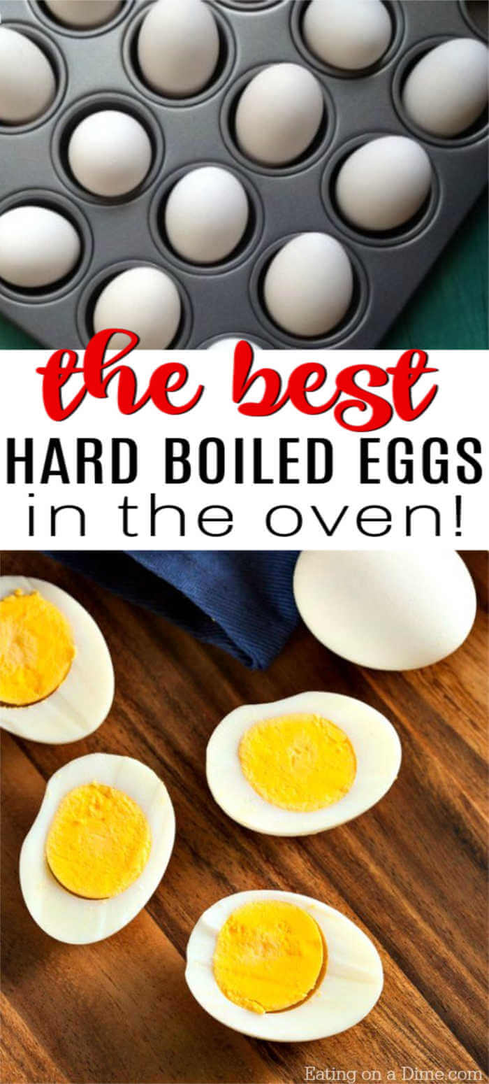 How to make hard boiled eggs in the oven quickly. Baked hard boiled eggs is easy to make and perfect for a huge party or Easter. All you need for this recipe is eggs, a muffin tin and water. You’ll never make ovens on the stovetop again! #eatingonadime #hardboiledeggs #bakedeggs