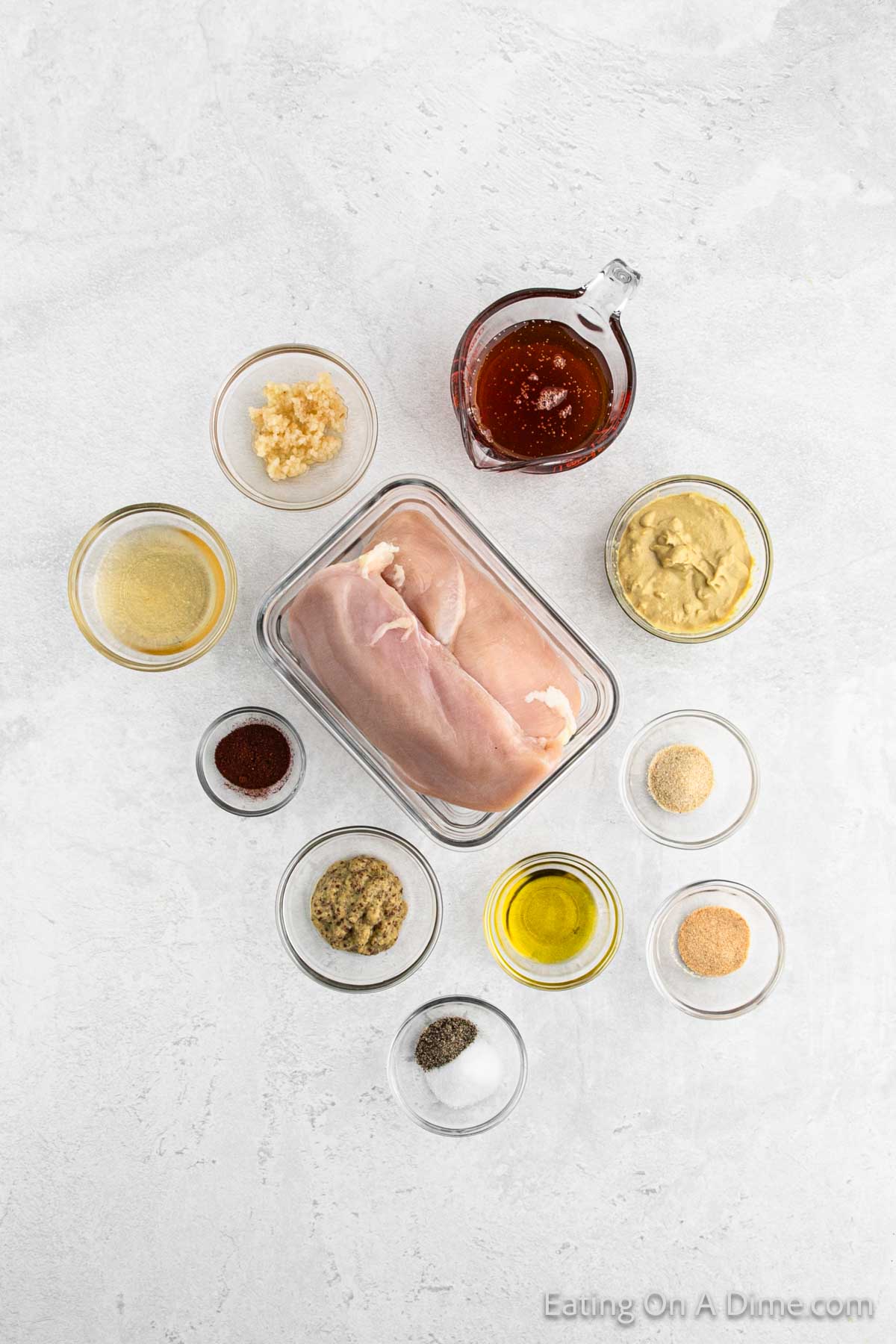 Ingredients - Chicken breasts, salt, pepper, garlic powder, onion powder, smoked paprika, honey, Dijon Mustard, apple cider vinegar, olive oil, garlic