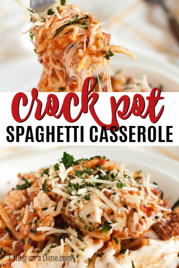 Crock pot Spaghetti Casserole Recipe is the best one pot meal for a great dinner any day of the week. Each bite is cheesy and yummy. Clean up is easy too.