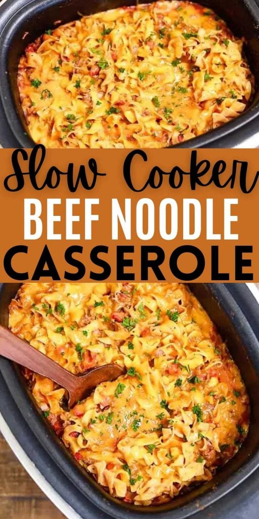 Crock Pot Beef Noodle Casserole is an easy one pot meal that your family will love.  Each bite is packed with flavor and has everything you need for dinner. Slow Cooker Beef and Noodle Casserole is easy to make and delicious too! #eatingonadime #crockpotrecipes #slowcookerrecipes #beefrecipes   