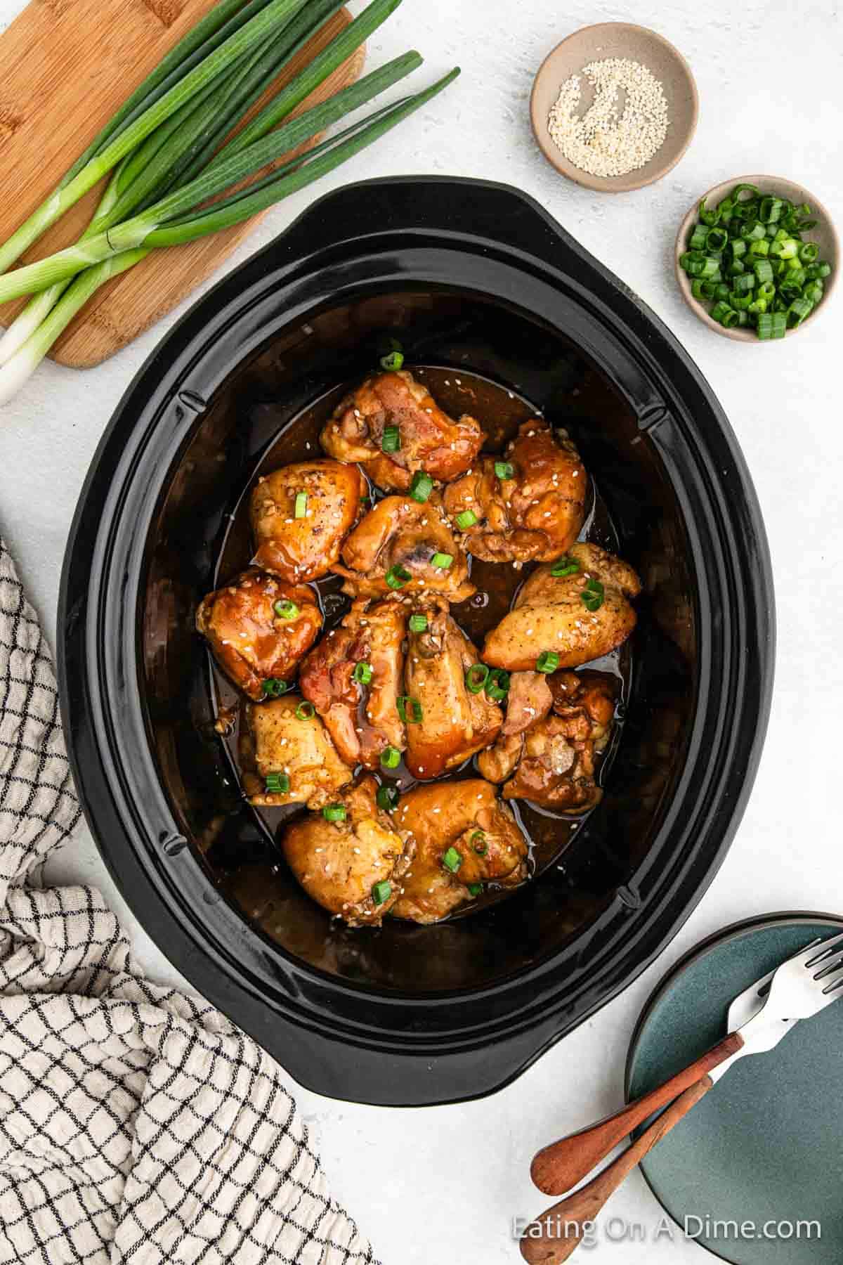 Stick chicken in the slow cooker topped with green onions and sesame seeds 