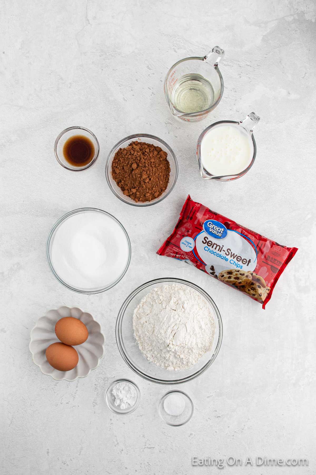 Ingredients - flour, sugar, cocoa powder, salt, baking powder, buttermilk, eggs, vanilla extract, oil, chocolate chips