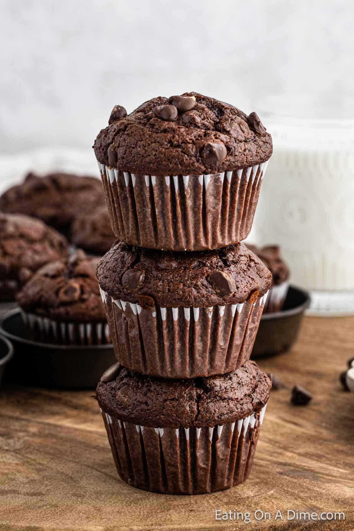 Double chocolate chip muffins stacked 