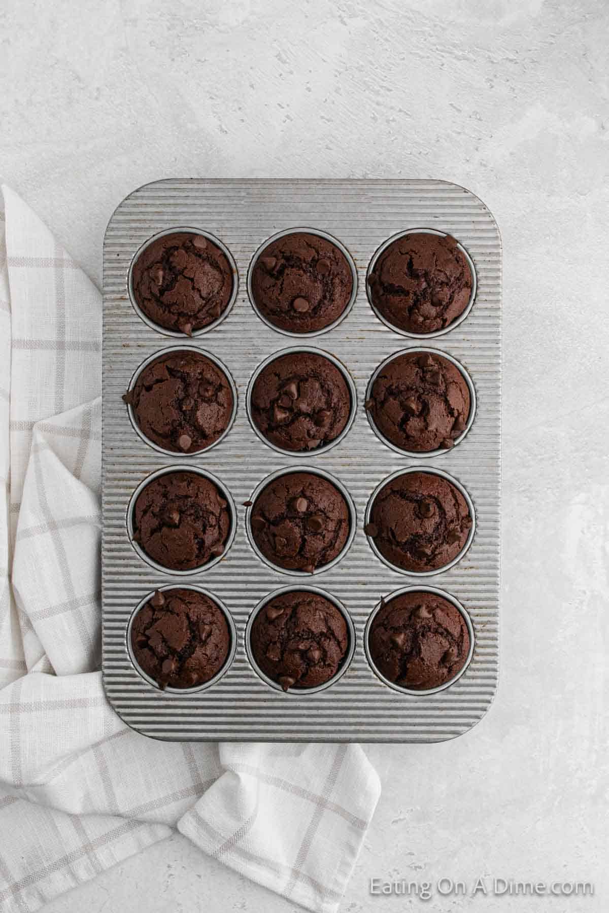 Baked double chocolate muffins in a muffin pan