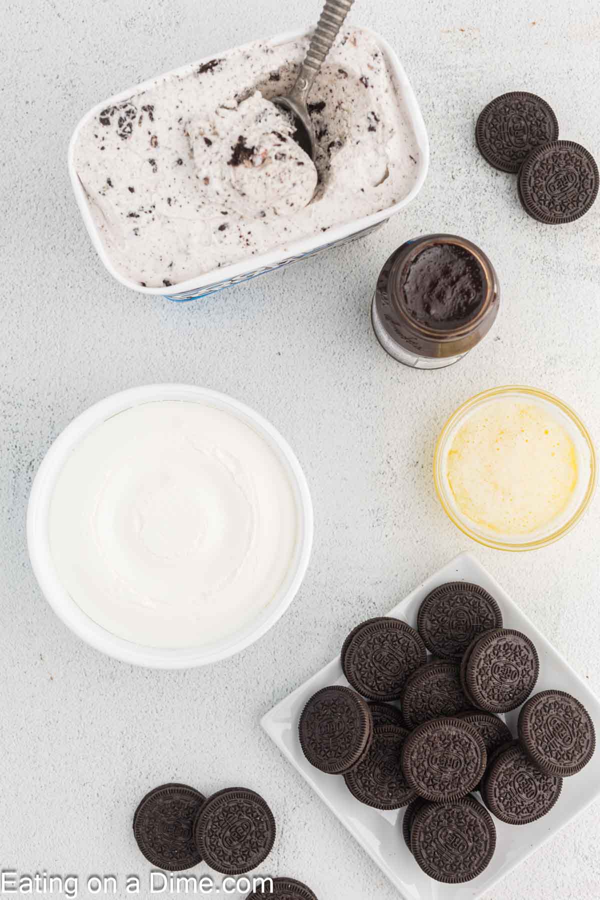 Ingredients - Cookies and Cream Ice Cream, hot fudge syrup, Oreos, Melted Butter Cool Whip