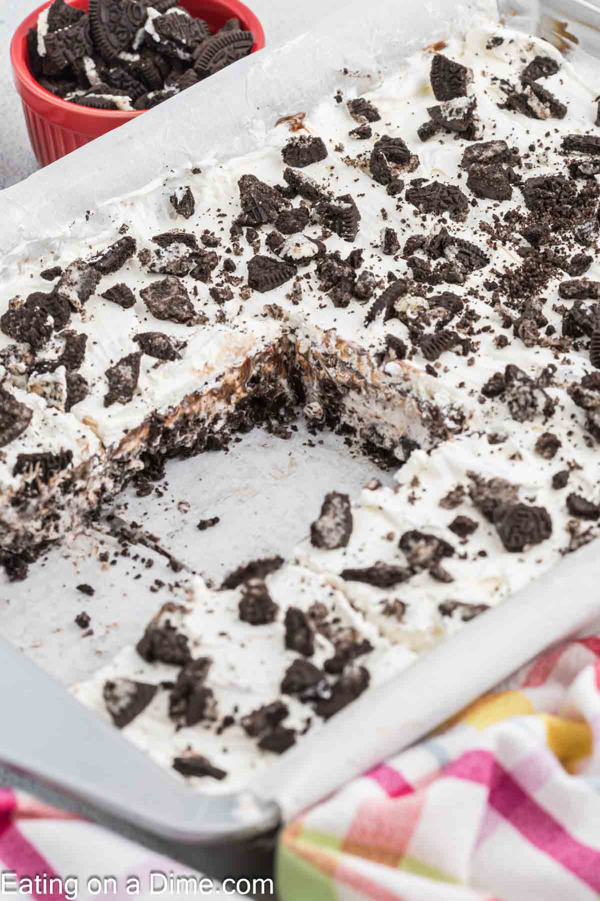Baking dish with Cookies and Cream with a center cut missing