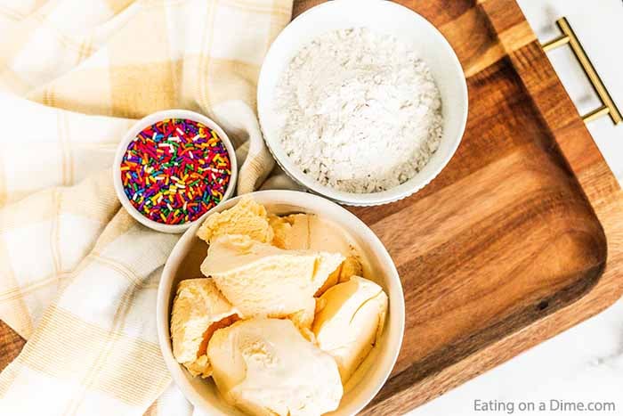 Ingredients - ice cream, bowl of flour and sprinkles