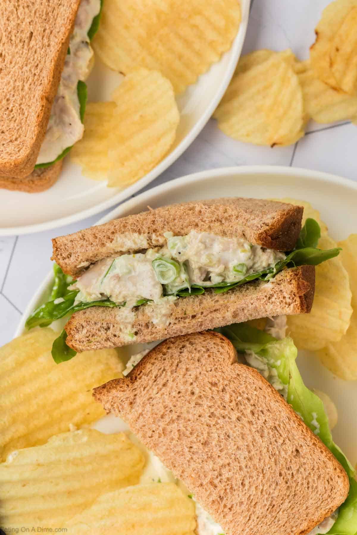 A close-up shot of two plates, each showcasing a delicious tuna salad sandwich recipe made with whole wheat bread, lettuce, and green onions. The sandwiches are cut diagonally and served with ridged potato chips on a white surface.