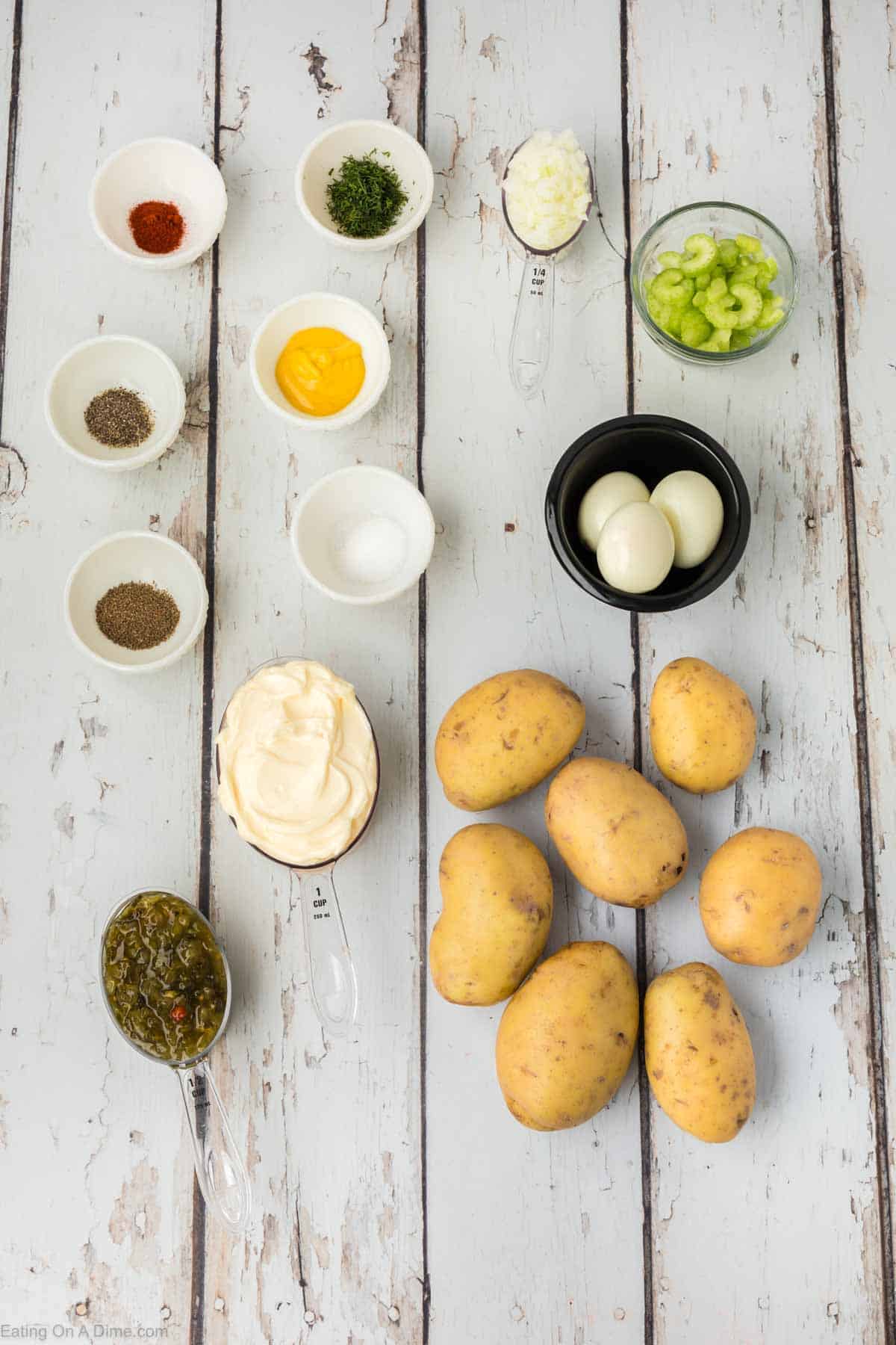 Ingredients - yukon gold potatoes, mayonnaise, sweet pickle relish, yellow mustard, celery seeds, paprika, boiled eggs, celery, sweet onion, chopped dill, salt and pepper