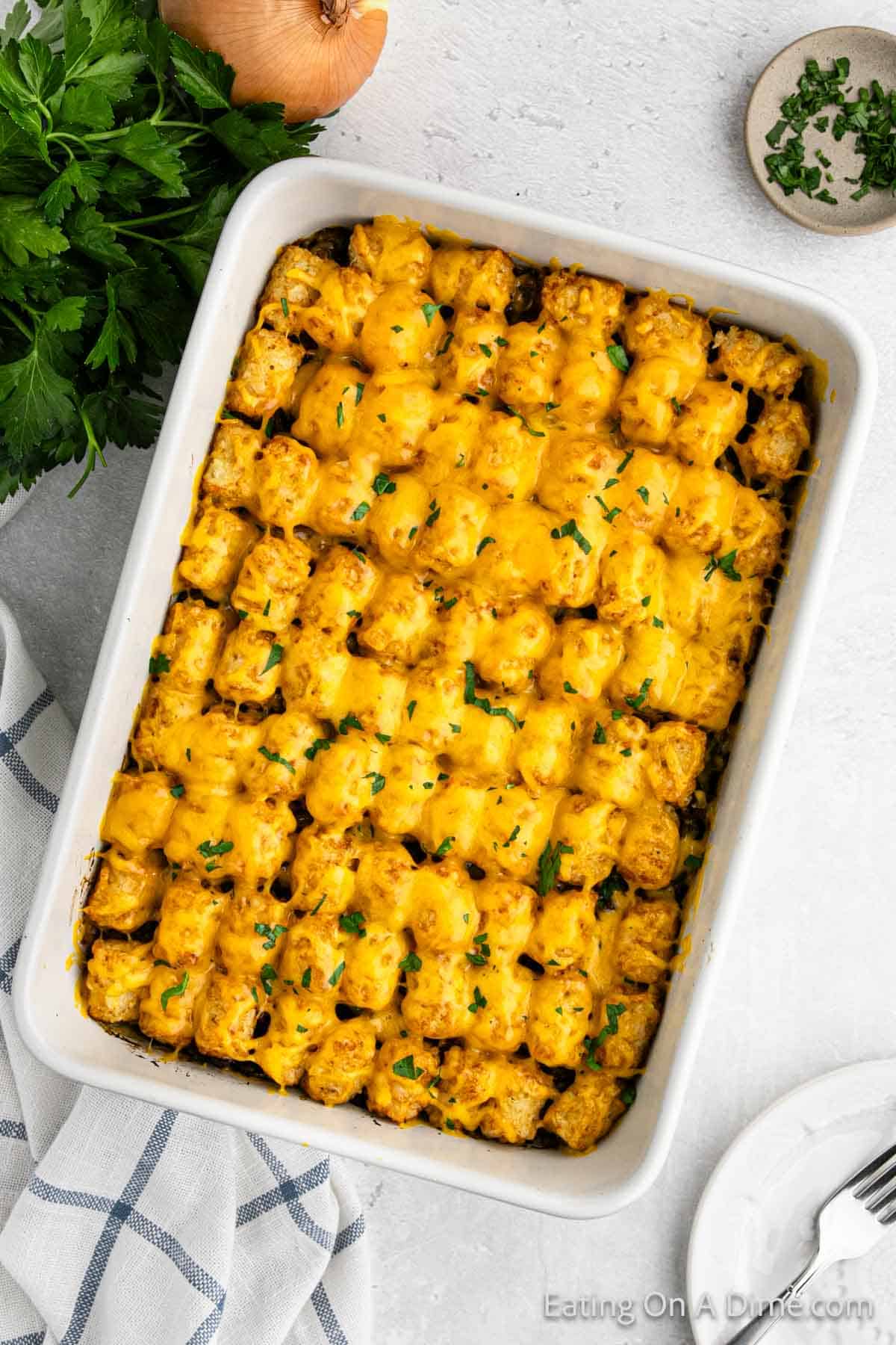 Cheeseburger tator tot casserole topped with melted cheese