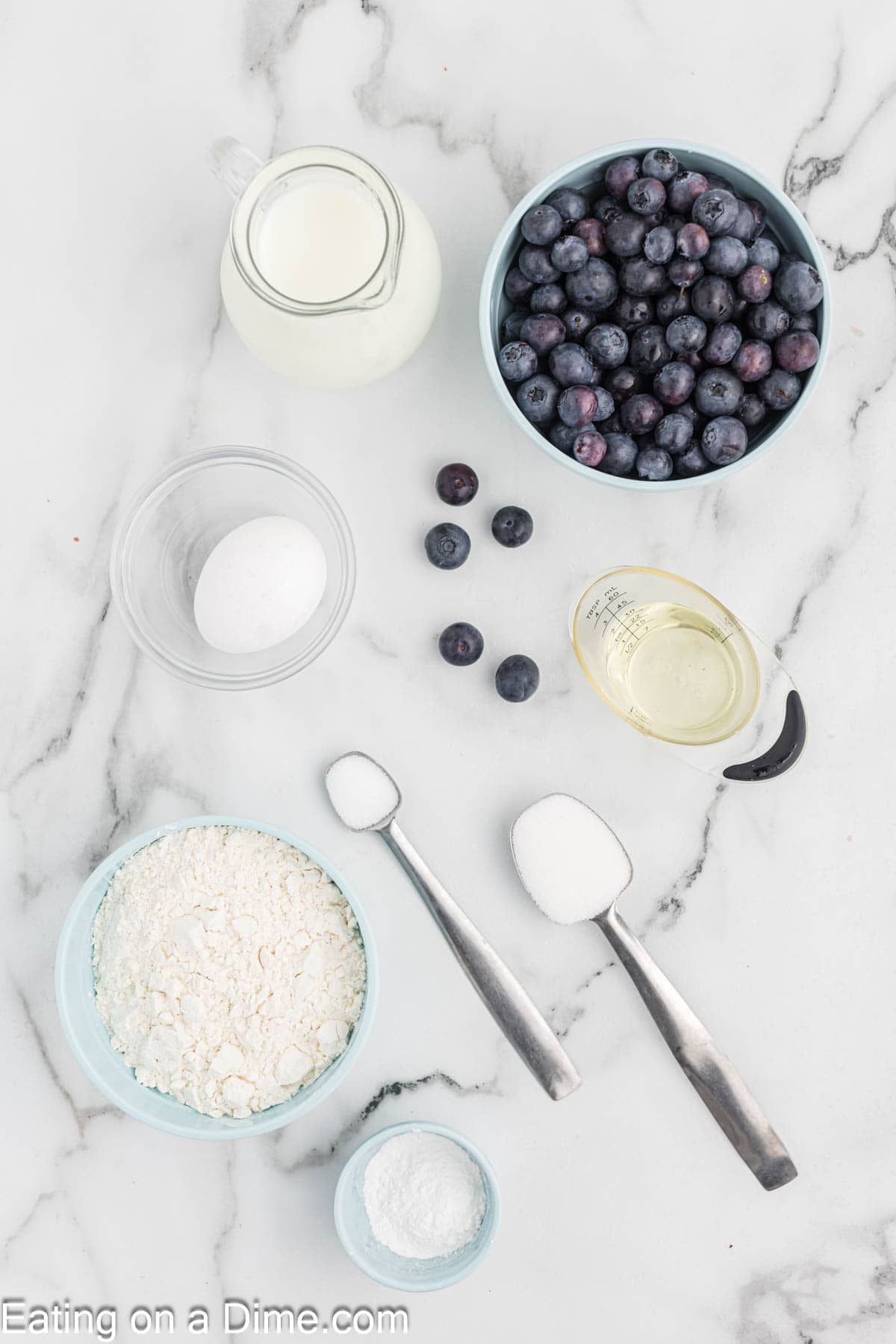 Ingredients - Flour, sugar, baking powder, salt, egg, milk, oil, blueberries
