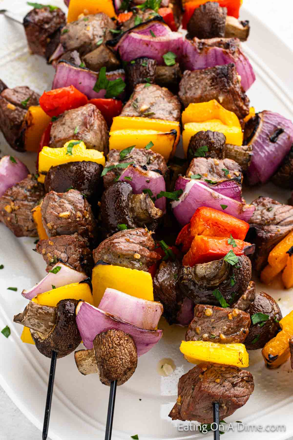 Steak and veggie kabobs on a platter