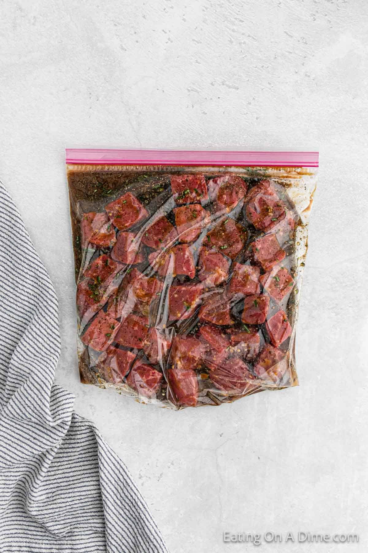 Marinate steak bites in a zip lock bag