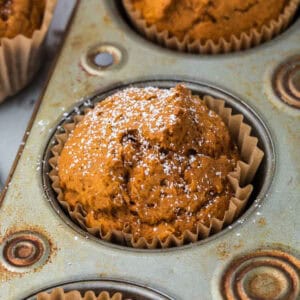 A close-up of a 2 Ingredient Pumpkin Muffin in a baking pan, lightly dusted with powdered sugar. The muffin is in a brown paper liner and appears to be moist and freshly baked, with a slightly cracked top and a golden-brown color. The pan has a worn look, indicating frequent use.