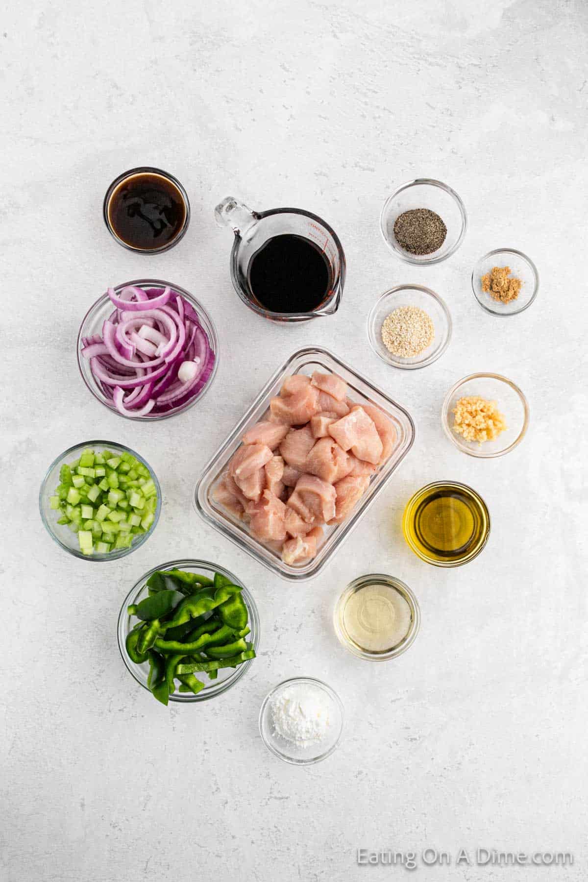 Ingredients - olive oil, chicken, green pepper, red onion, celery, garlic, sesame seeds, soy sauce, cornstarch, oyster sauce, rice wine vinegar, pepper, ginger
