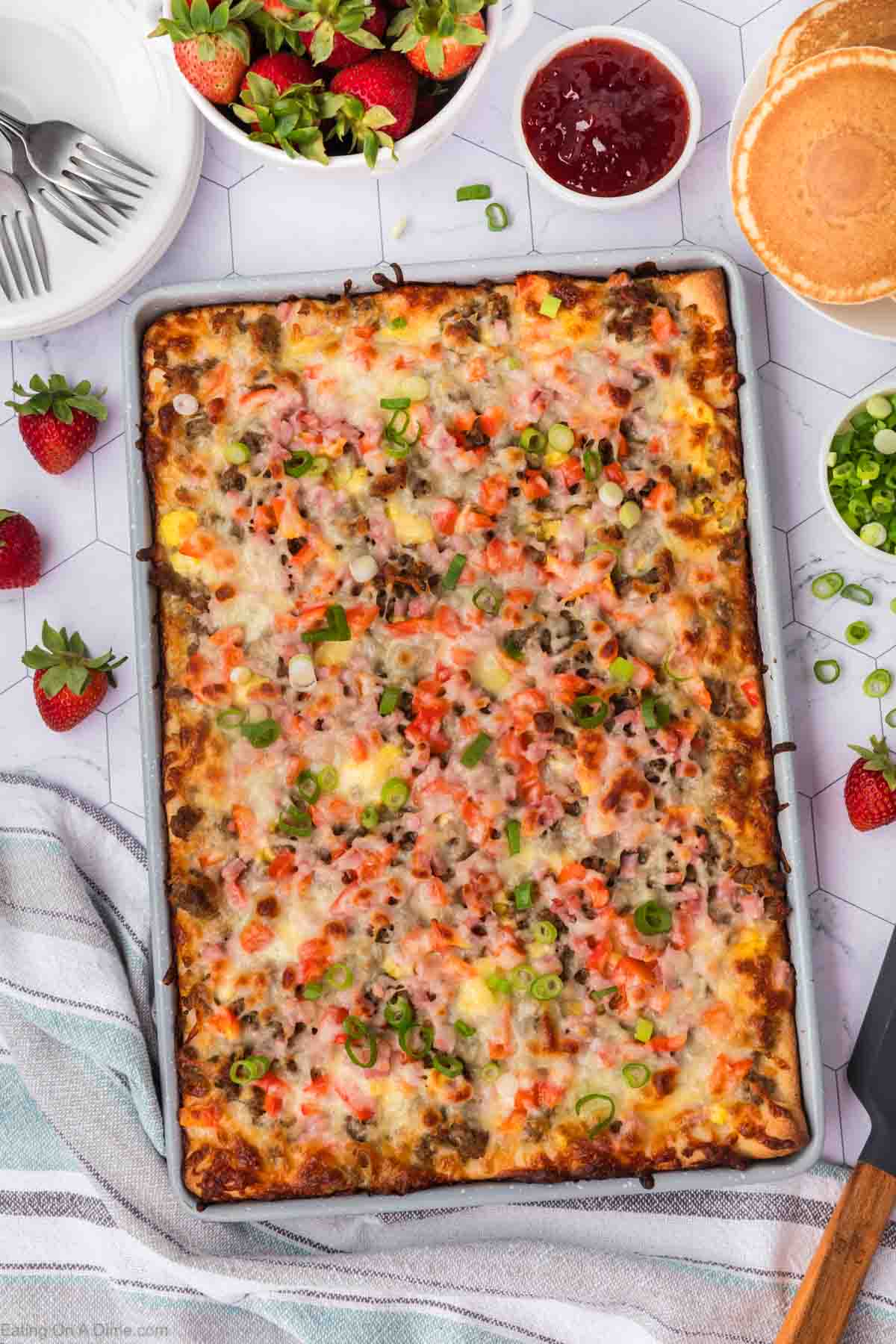 Baked Breakfast Pizza in a baking sheet