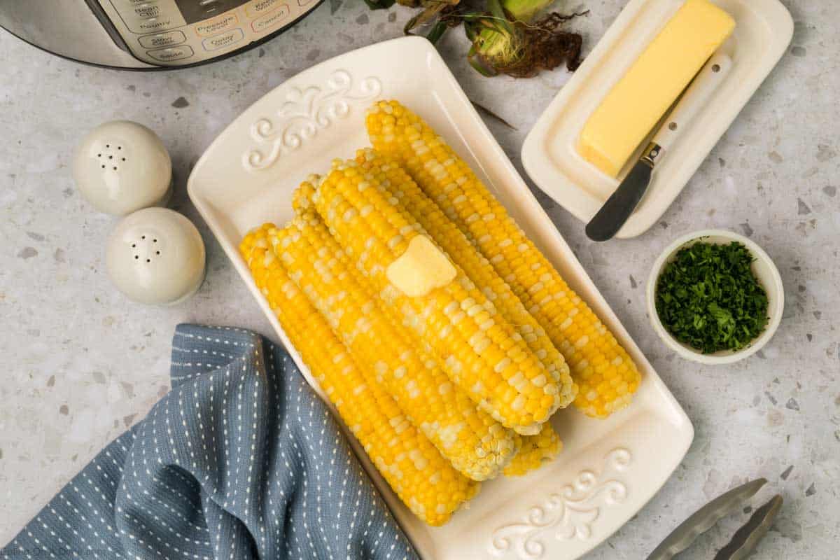 Corn on the cob stacked on the platter 