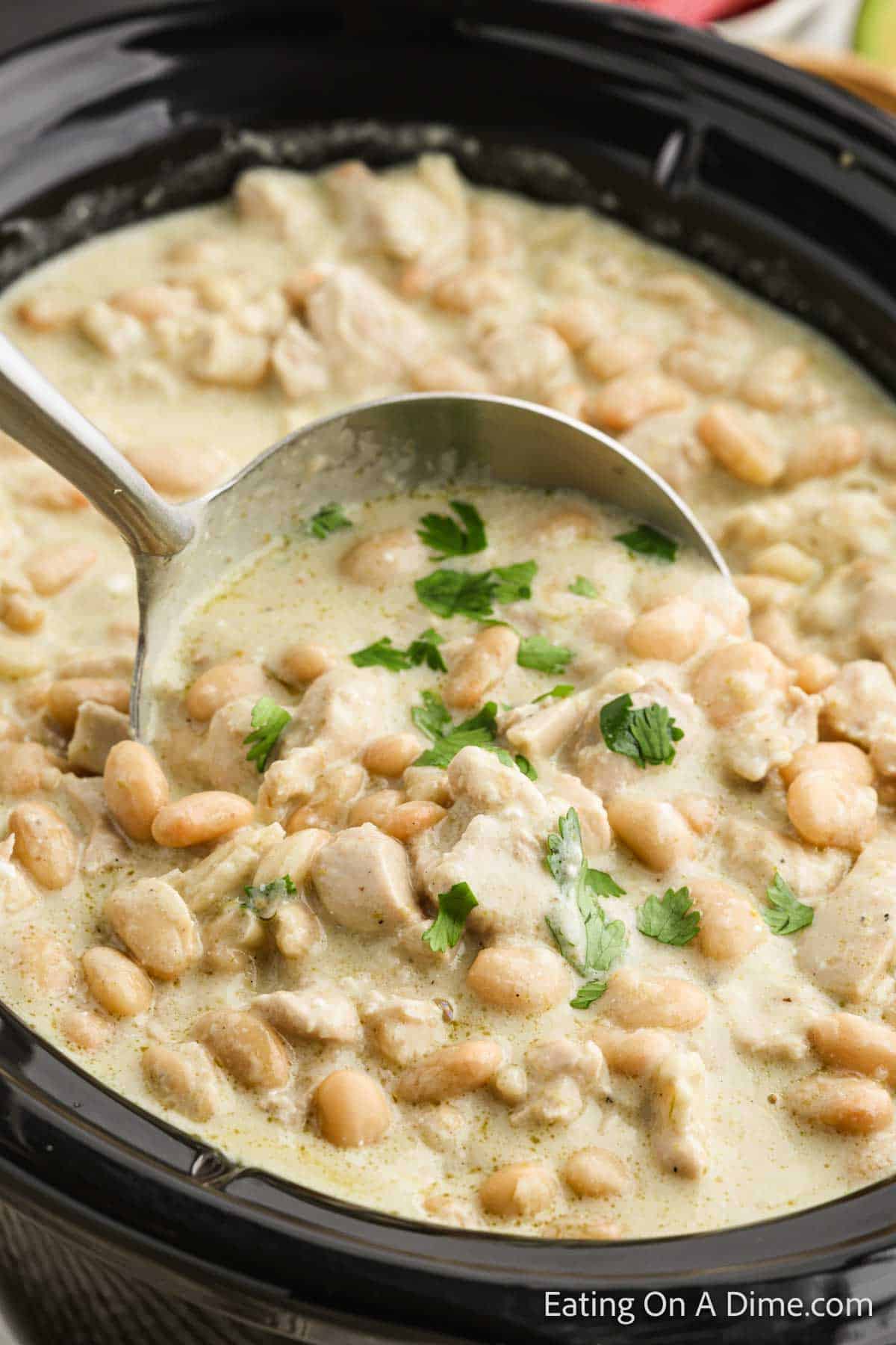 Chicken Enchilada Soup in the slow cooker with a serving on a ladle