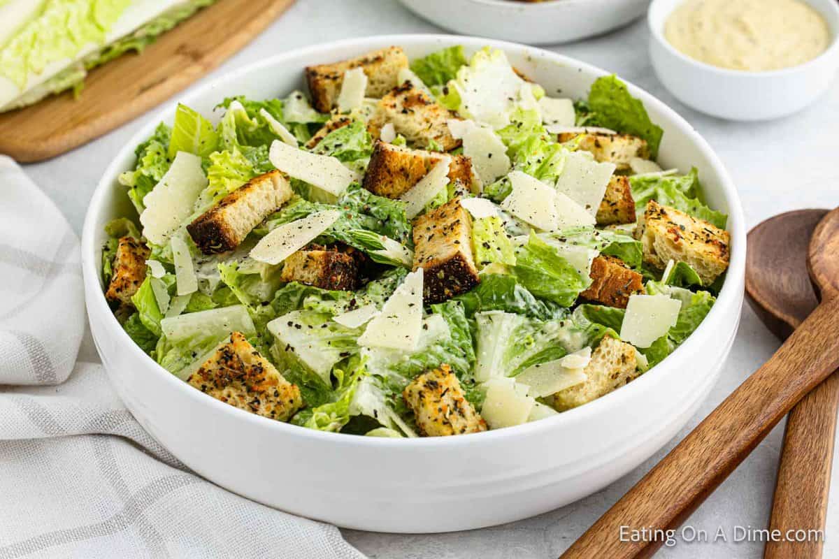 Caesar Salad in a bowl topped with croutons