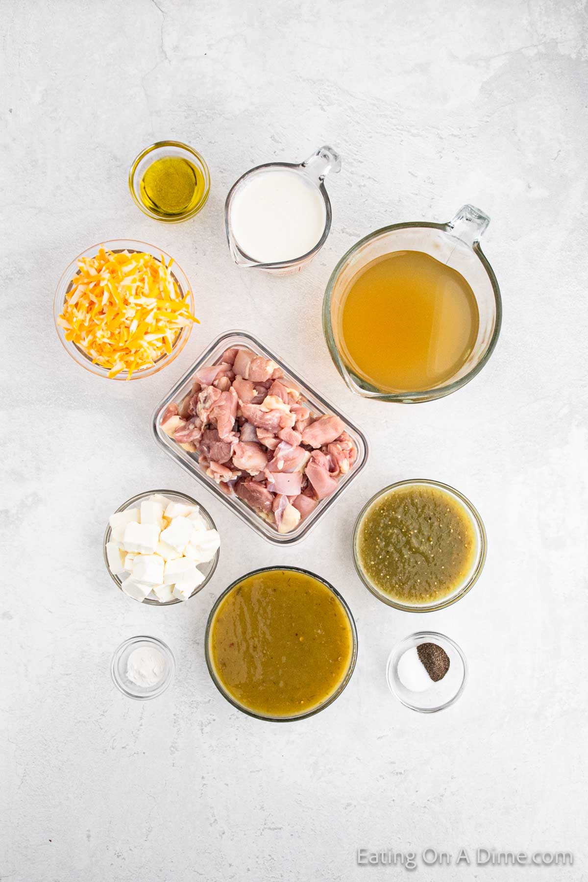 Ingredients - Chicken Thighs, olive oil, green enchilada sauce, salsa verde, salt, pepper, heavy whippin cream, monterey jack cheese, cream cheese, chicken broth, xanthan gum