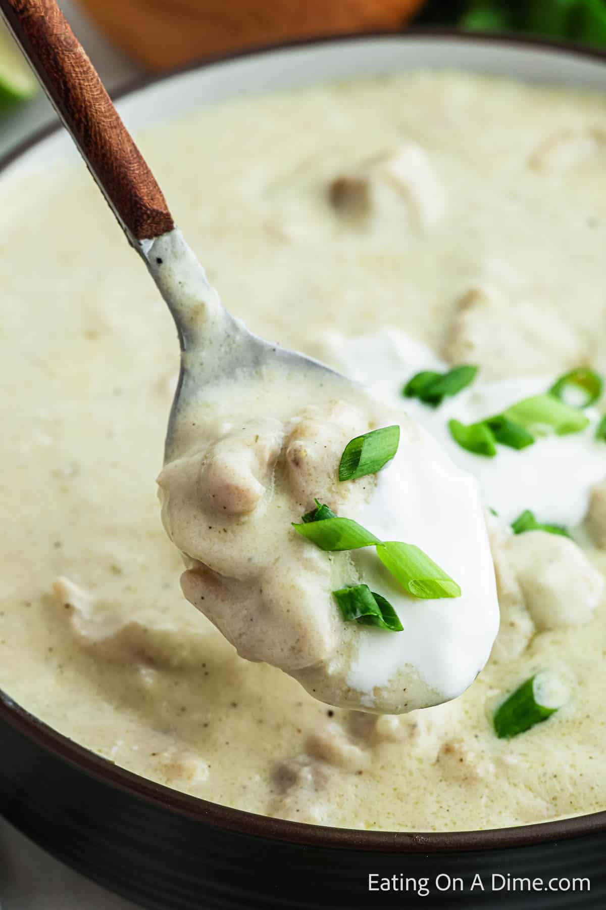 Keto Chicken Enchilada Soup in a bowl with a bite in a spoon and topped with chopped green onions