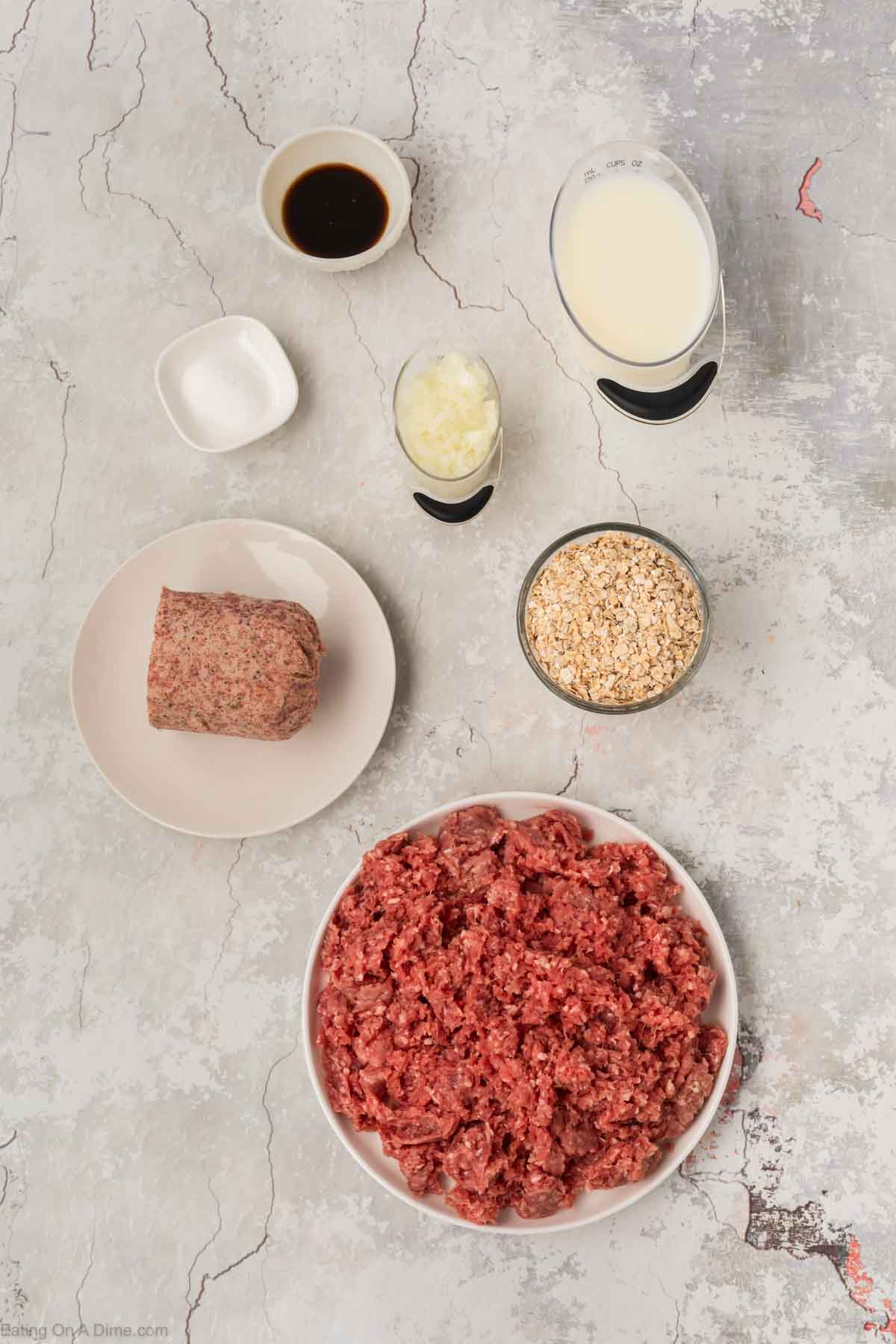 Ingredients - Ground beef, pork sausage, oats, milk, onions, salt, Worcestershire Sauce