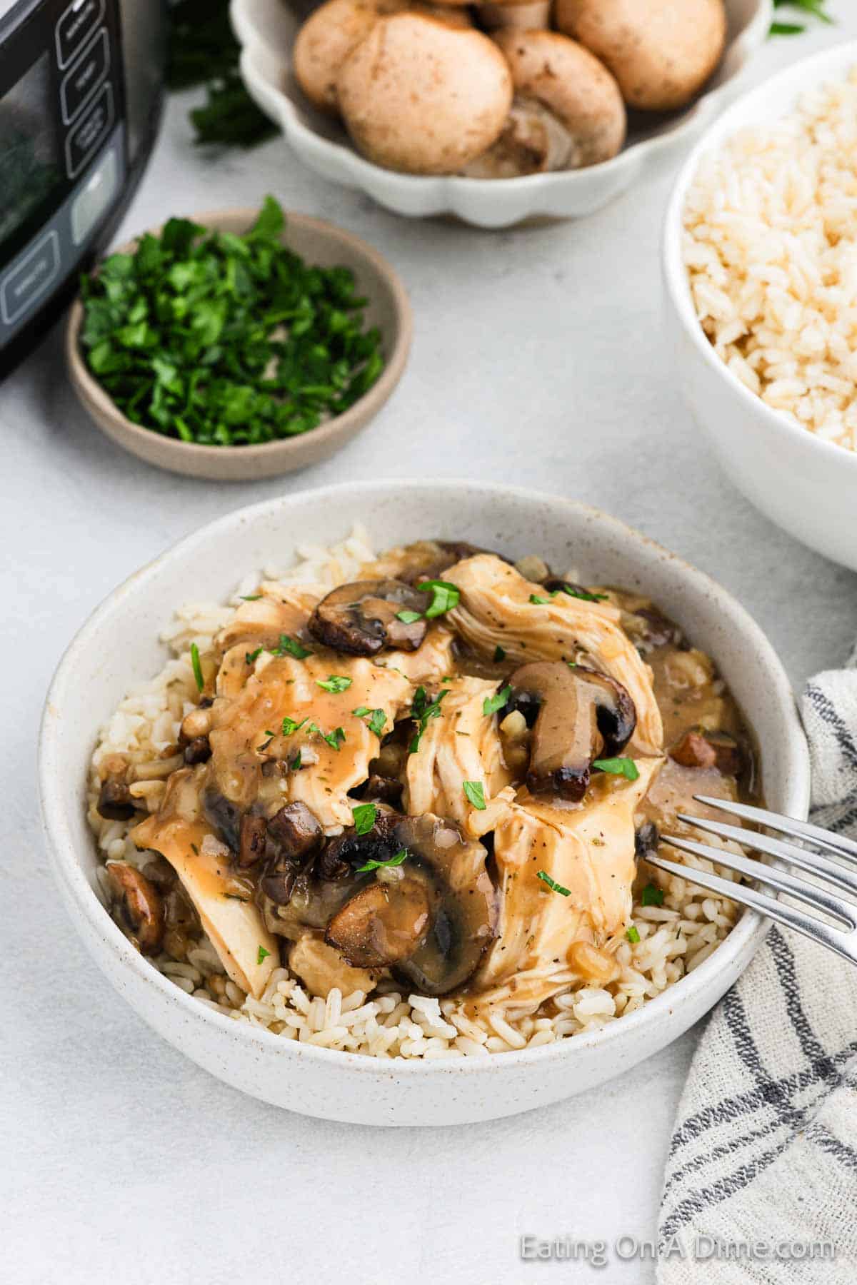 Mushroom Sauce is drizzled over cooked chicken in a bowl of rice