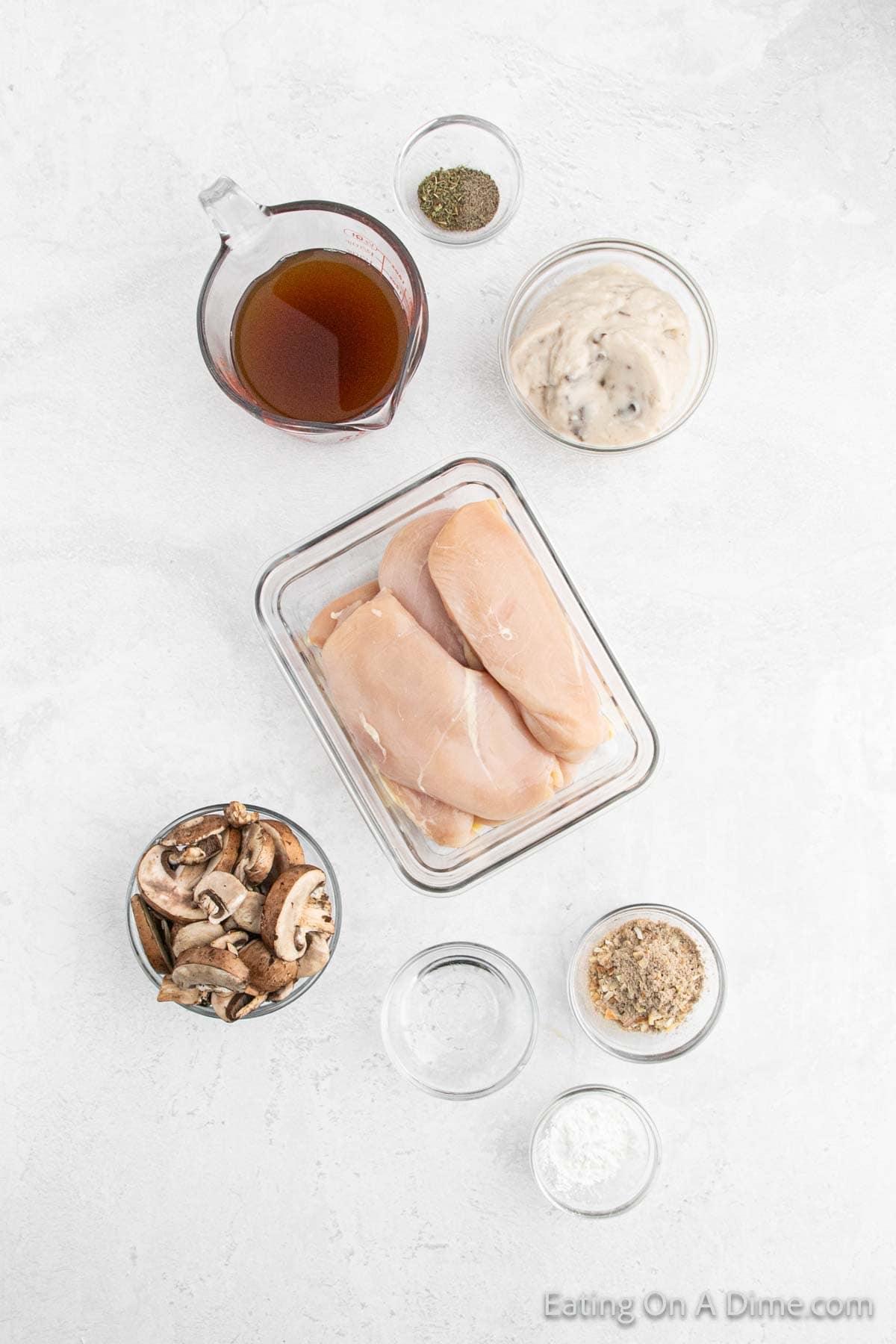 Ingredients - Chicken Breasts, cream of mushroom soup, mushrooms, onion soup mix, chicken broth, thyme leaves, pepper, cornstarch, water