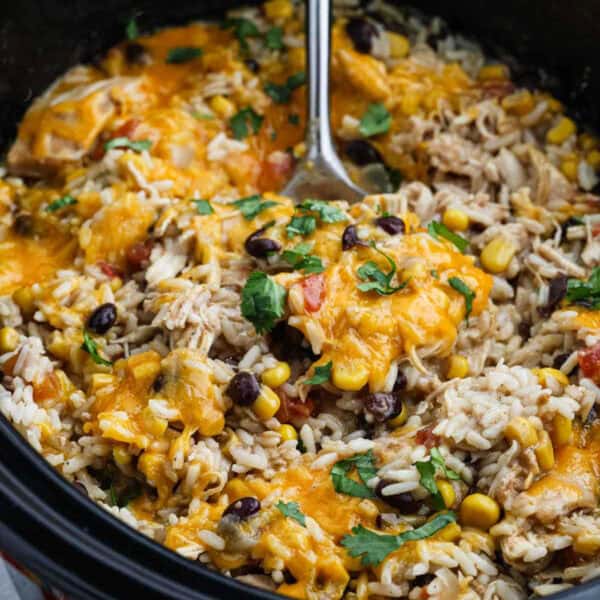 A close-up of a savory Southwest crock pot chicken and rice dish in a pot featuring shredded chicken, black beans, corn, diced tomatoes, rice, and melted cheese. The meal is garnished with fresh cilantro leaves, and there is a serving spoon visible in the pot.