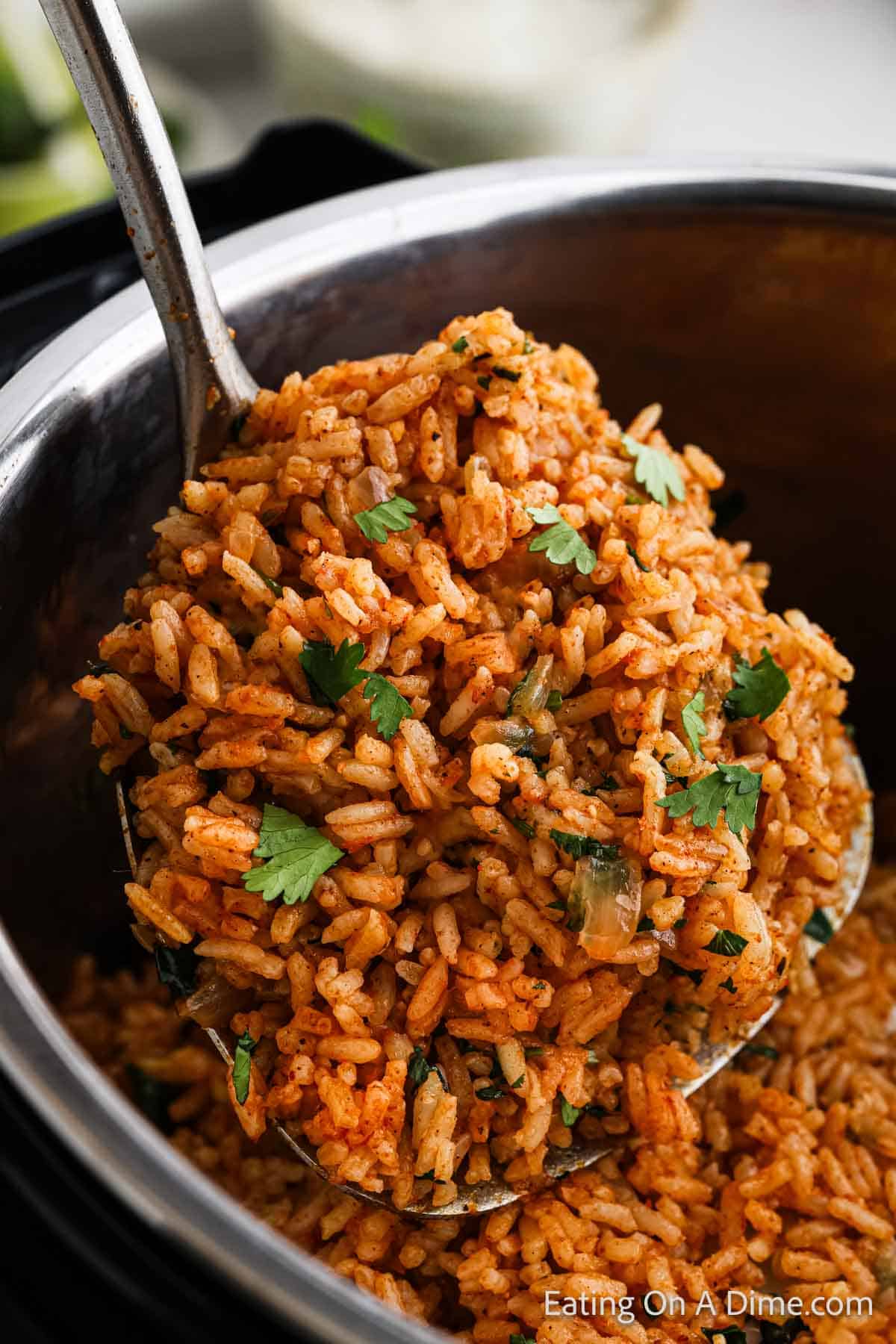 A ladle full of Spanish Rice over the Instant Pot