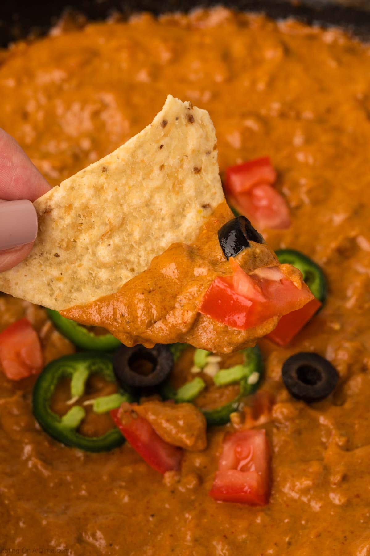 A hand with polished nails holds a tortilla chip dipped in a creamy, orange-brown cheese sauce. This chili cheese dip recipe contains chunks of tomato, slices of jalapeño, and black olives, with the dip beneath showing more of the same garnishes.