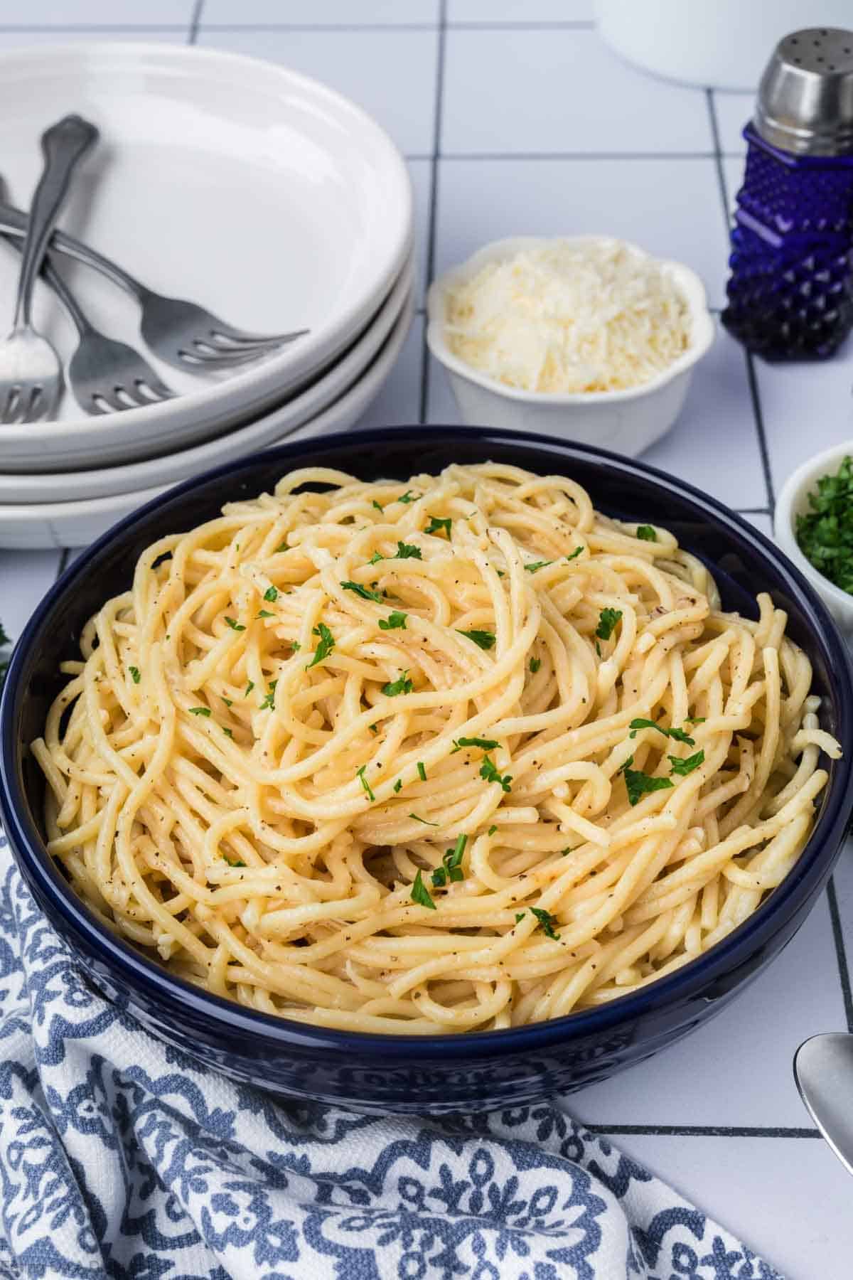 Creamy garlic parmesan pasta in a bowl