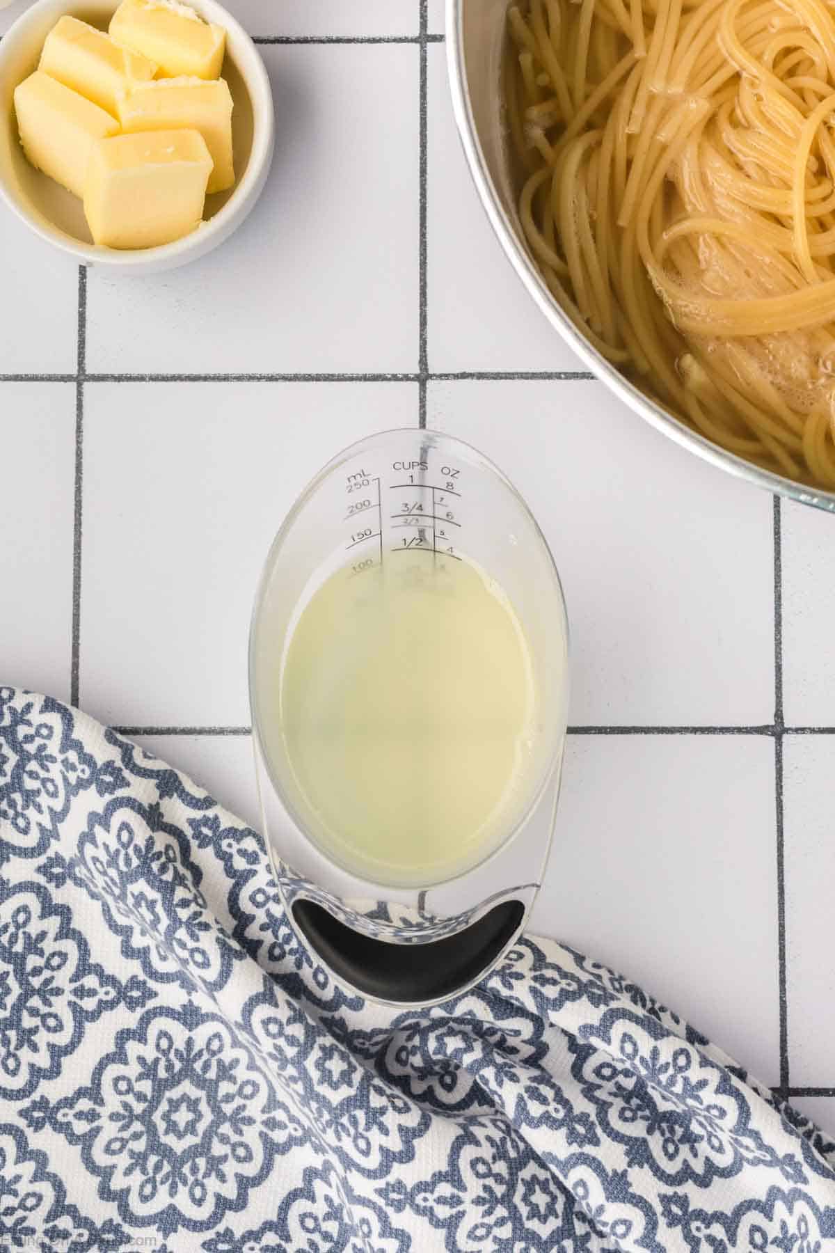 Pasta water in a measuring cup