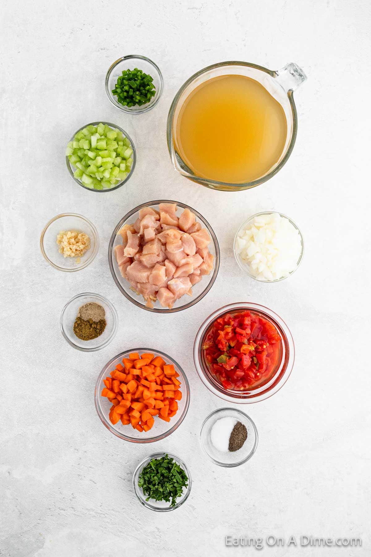 Ingredients - Chicken Breasts, chicken broth, onion, celery, carrots, minced garlic, diced tomatoes, jalapeno, cumin, coriander, salt, pepper, cilantro, sour cream, tortilla strips