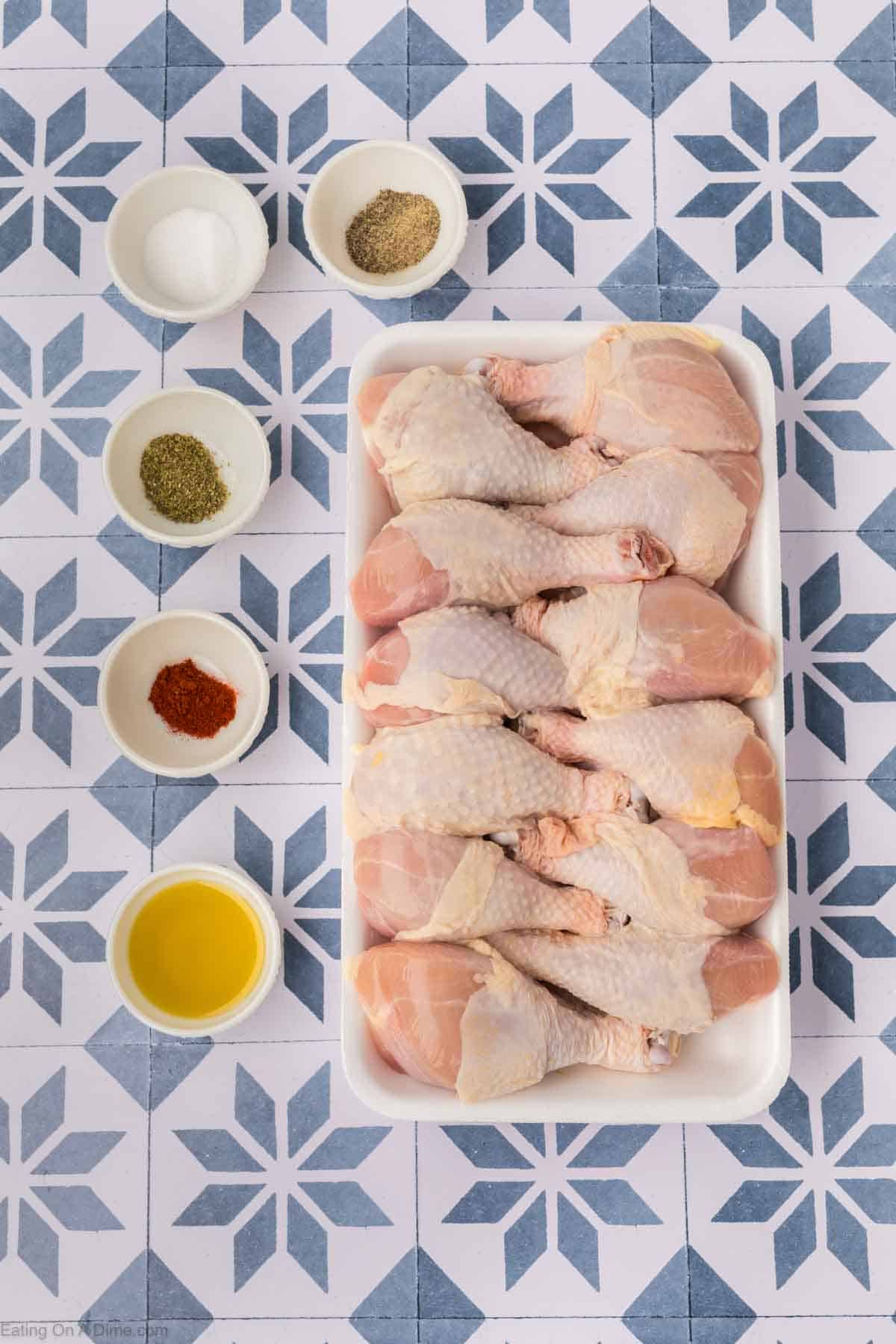 Ingredients - Chicken Drumsticks, olive oil, paprika, Italian Seasoning, Salt, Pepper