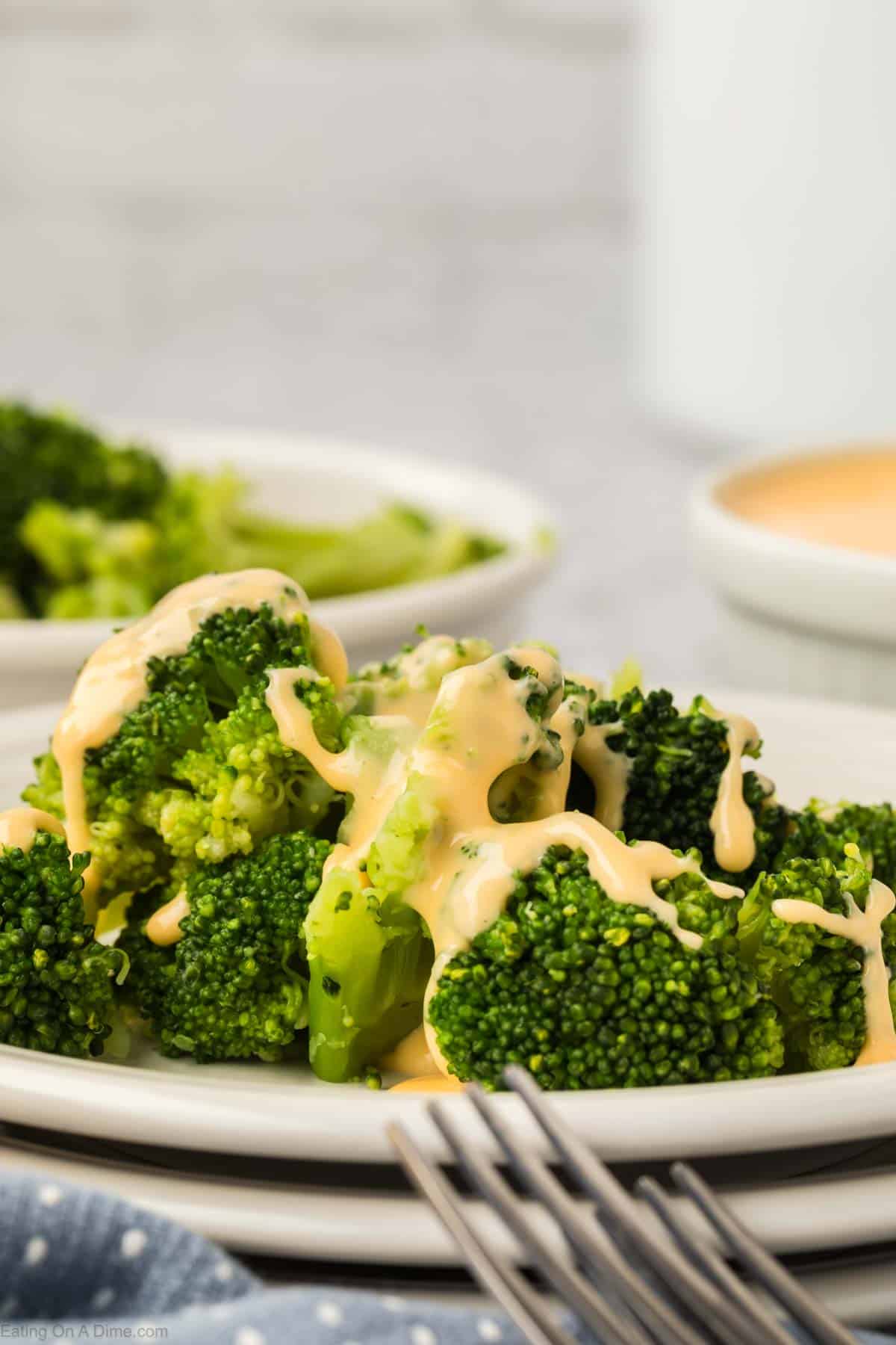 Homemade American Cheese Sauce drizzled over steamed broccoli.  