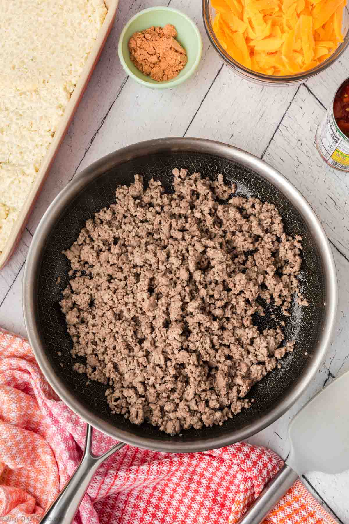 Cooked ground beef in a large skillet