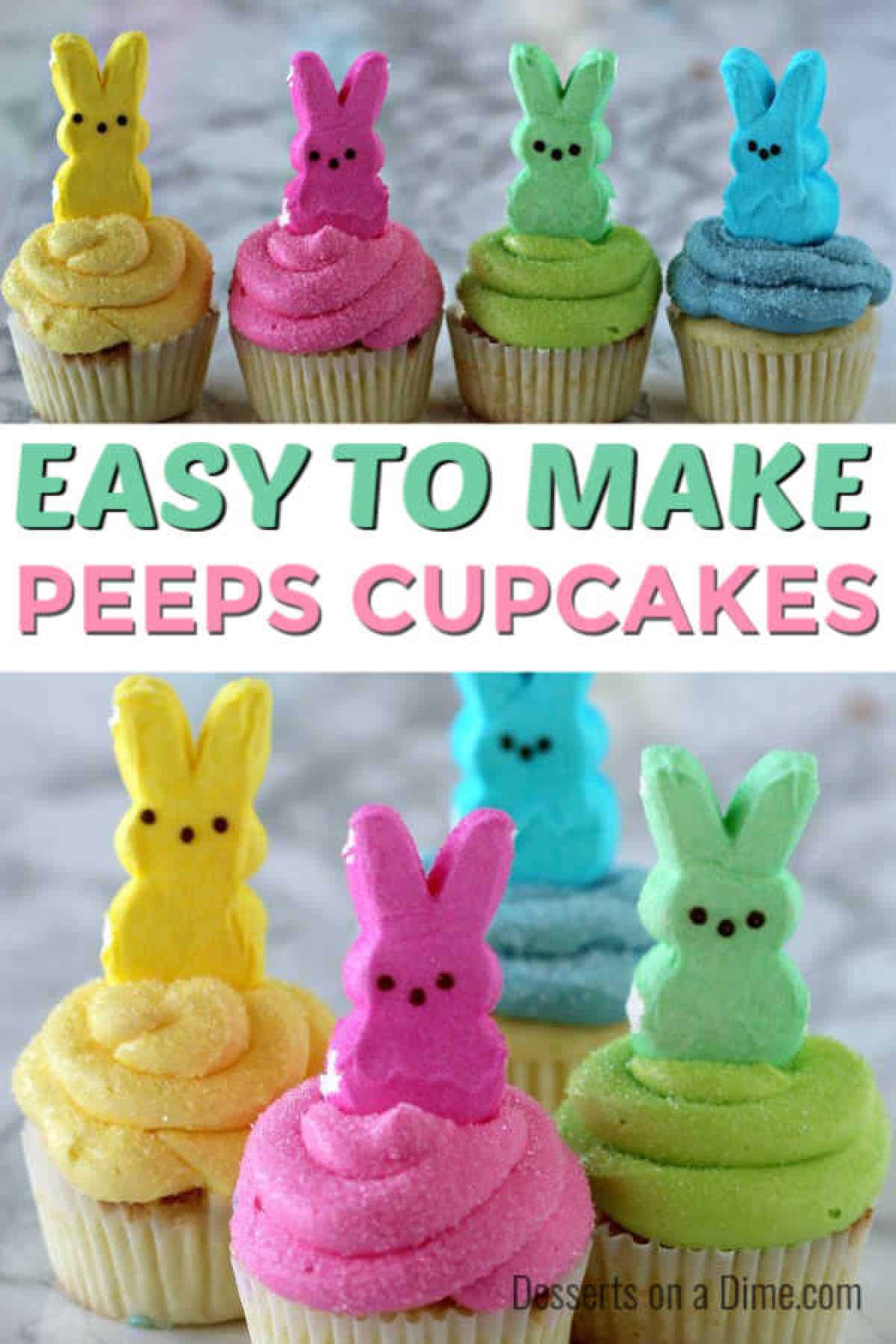 These Peeps Cupcakes are adorable. Easy Easter Cupcakes to make in minutes. Peeps cupcakes are now our favorite Easter Dessert Recipe. They are fun and the kids loved these cupcakes with peeps. #eatingonadime #Eastercupcakes #Easterdessertsideas