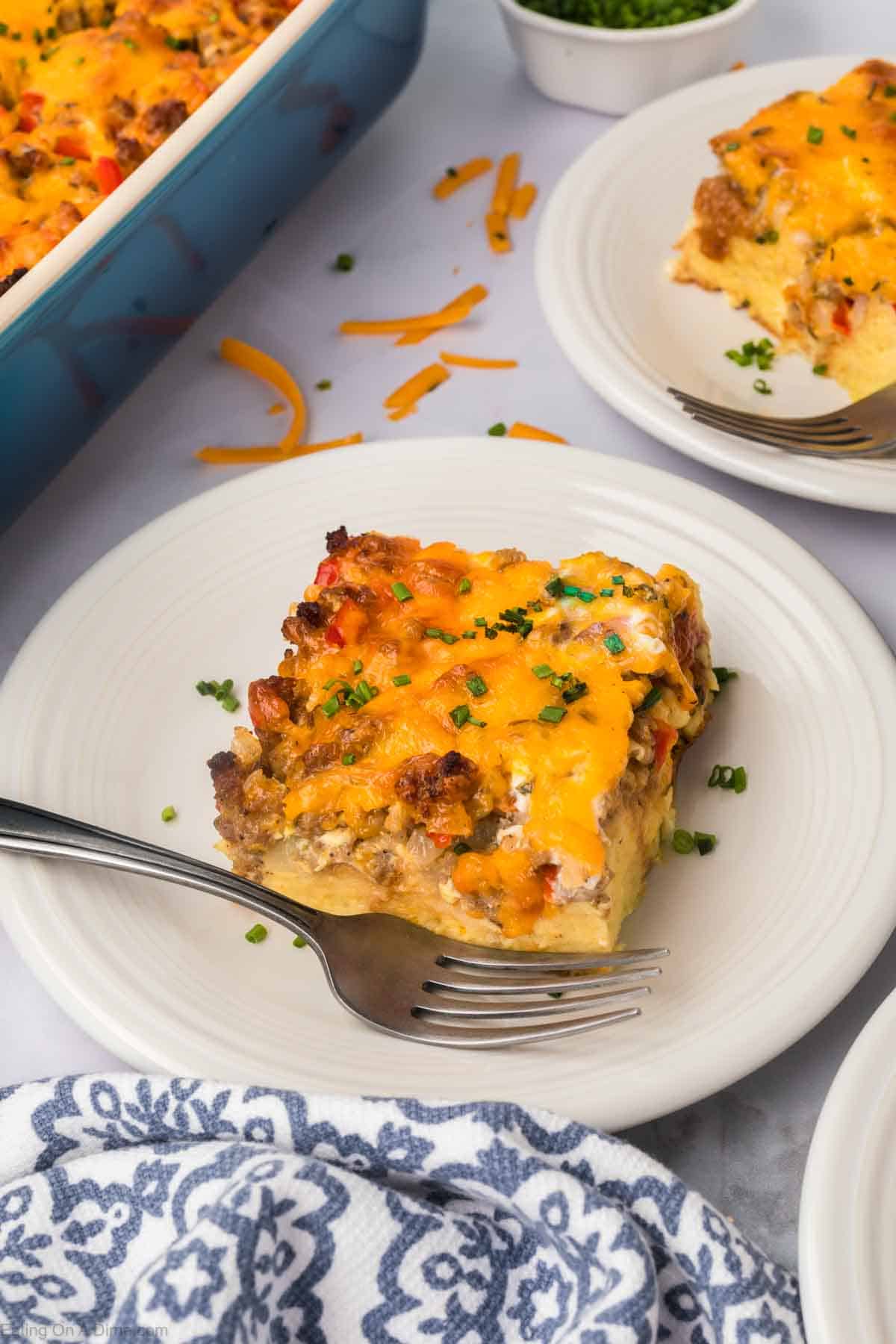 Slice of breakfast casserole on a plate