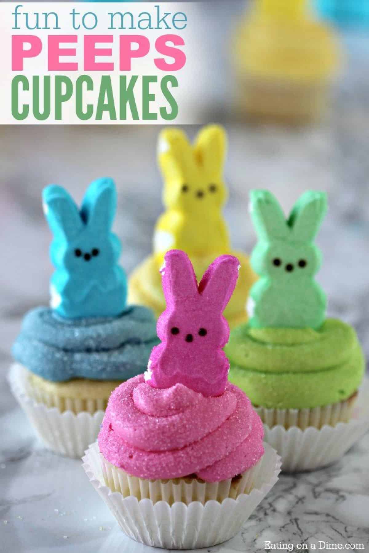 These Peeps Cupcakes are adorable. Easy Easter Cupcakes to make in minutes. Peeps cupcakes are now our favorite Easter Dessert Recipe. They are fun and the kids loved these cupcakes with peeps. #eatingonadime #Eastercupcakes #Easterdessertsideas