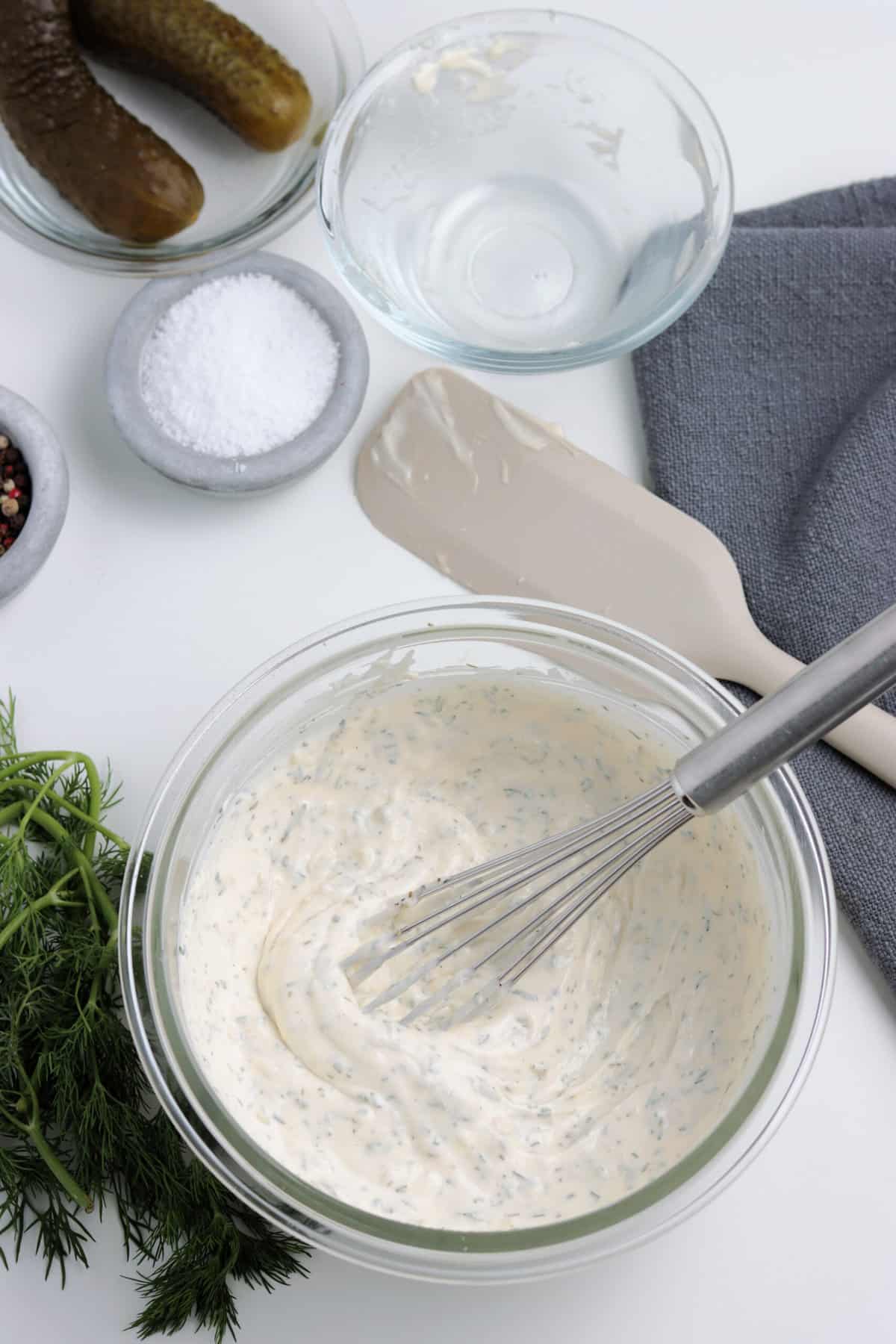 Tartar Sauce combined in a bowl with a whisk