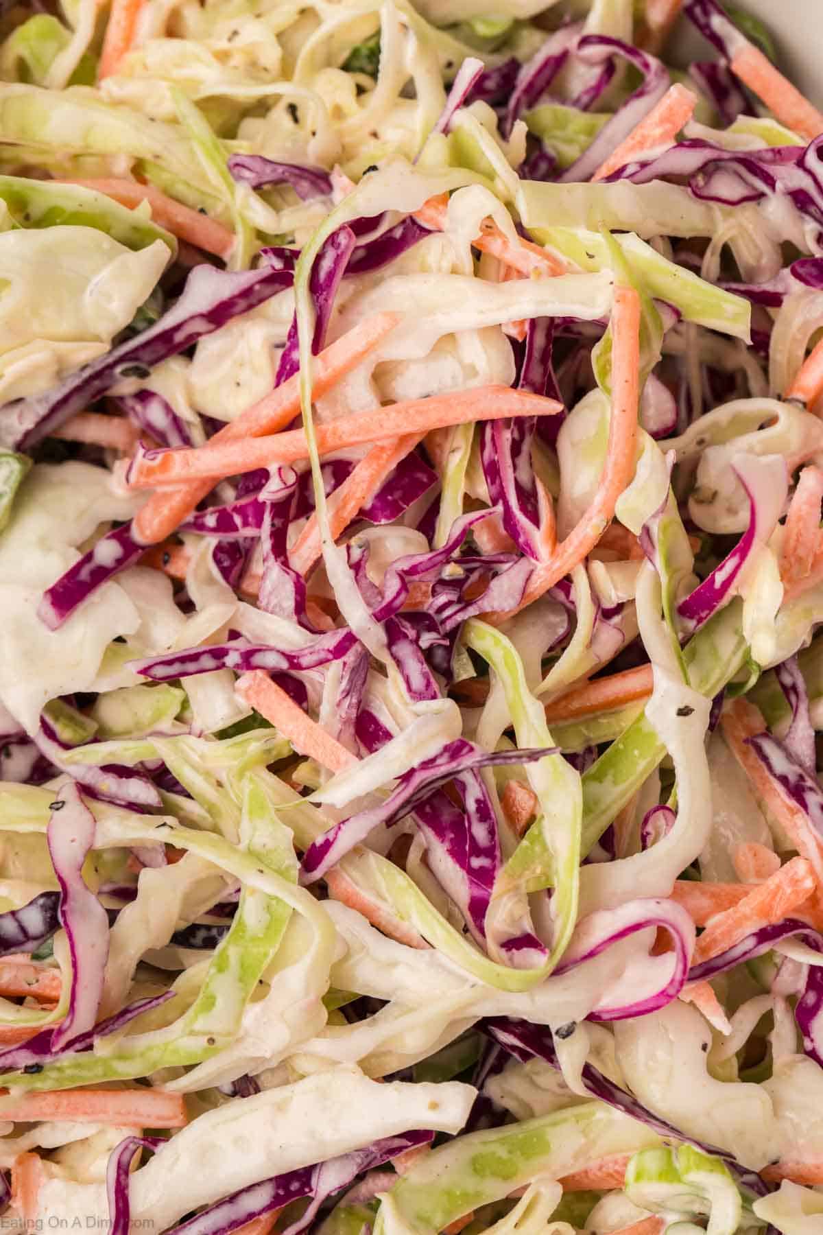 Close-up of the best coleslaw recipe with colorful shredded green and purple cabbage, vibrant orange carrots, all perfectly mixed with a creamy dressing.