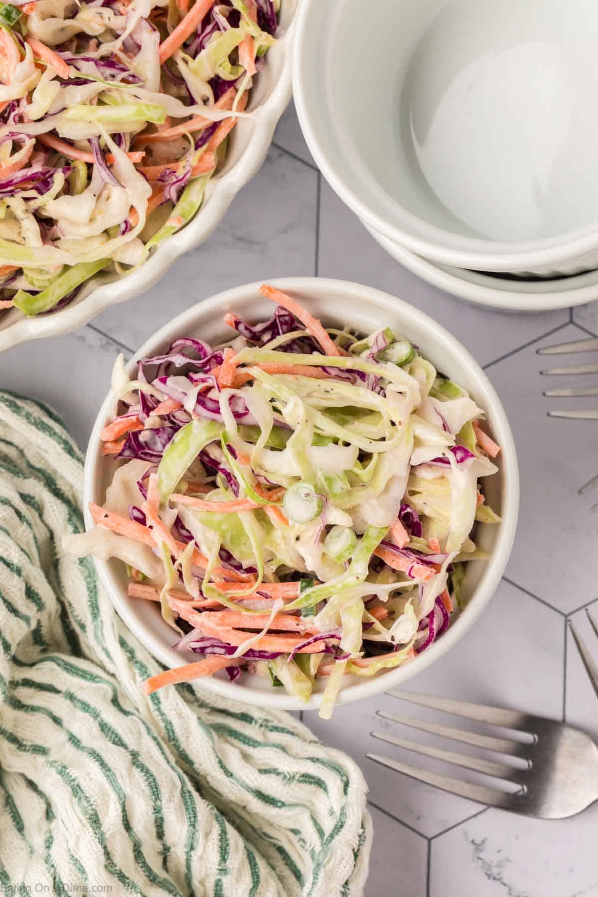 Coleslaw in a white bowl