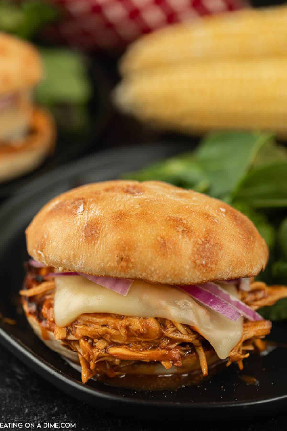 BBQ Pulled chicken sandwich topped with red onion and cheese next to a side salad and corn in the back ground 