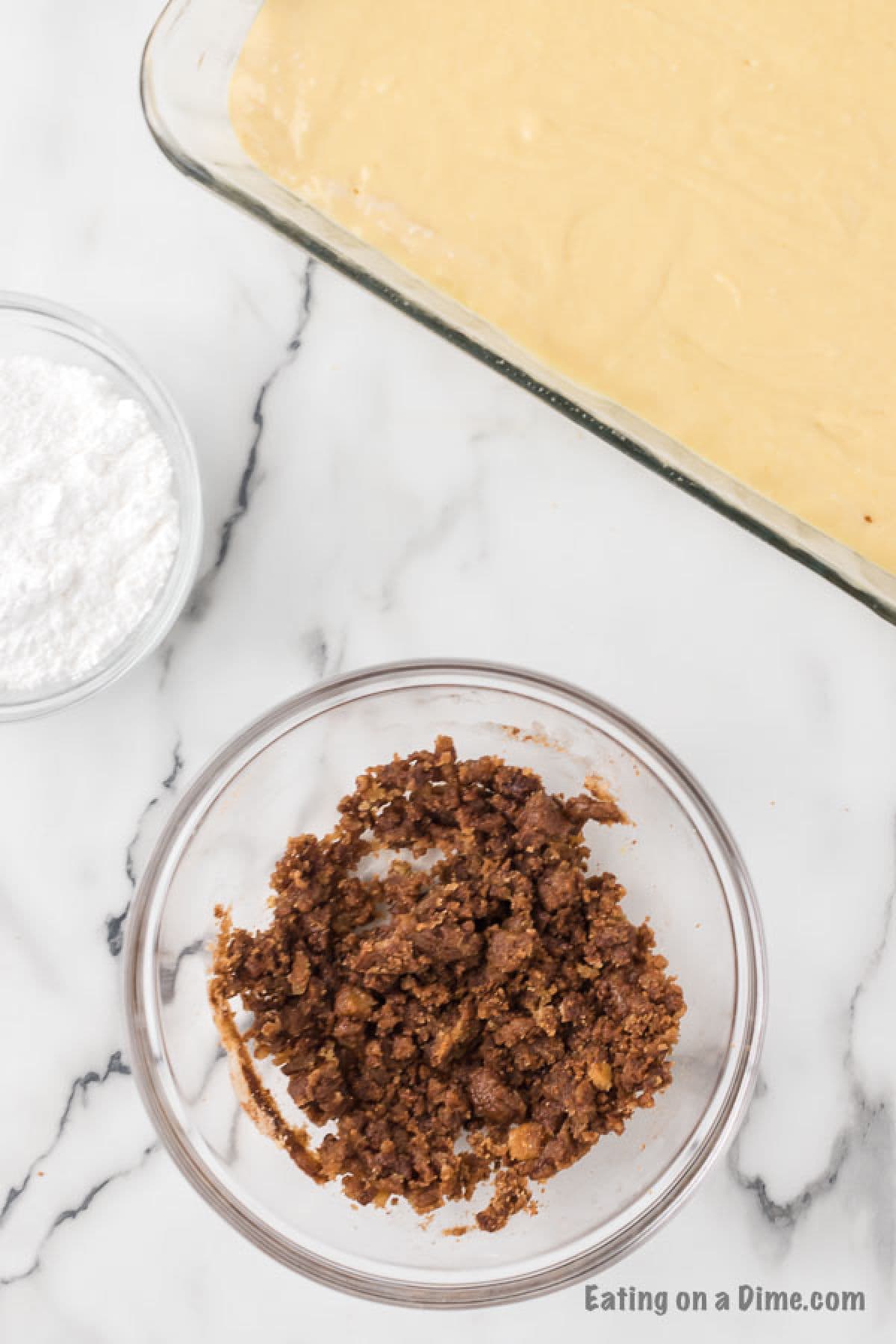 The streusel topping ingredients mixed together in a small bowl.  