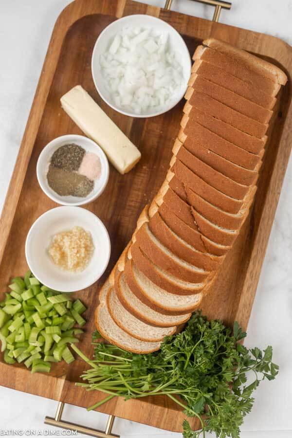 ingredients for stuffing: onion, butter, seasoning, bread