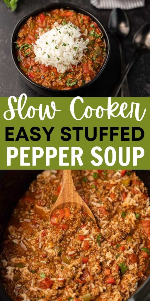 Crockpot Stuffed Pepper Soup is so easy to make and tastes delicious too. You will love this stuffed pepper soup crock pot recipe. The entire family loves this simple slow cooker soup recipe that is easy to throw in the crock pot and ready at dinner time! #eatingonadime #crockpotrecipes #slowcookerrecipes #souprecipes #stuffedpeppersoup  